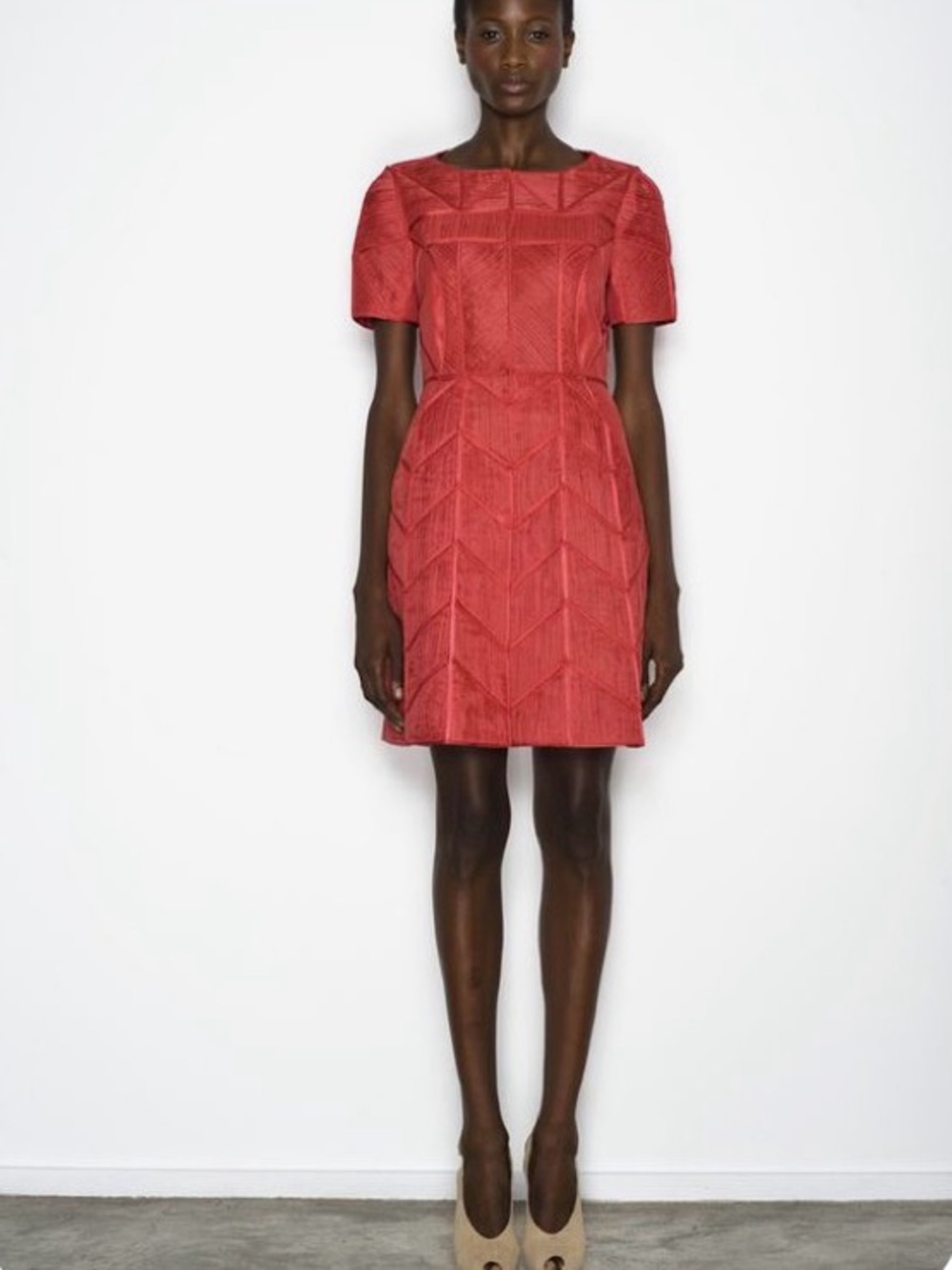 J. Mendel Spring 2009 Coral-Red Structured Short Sleeve Coat Dress